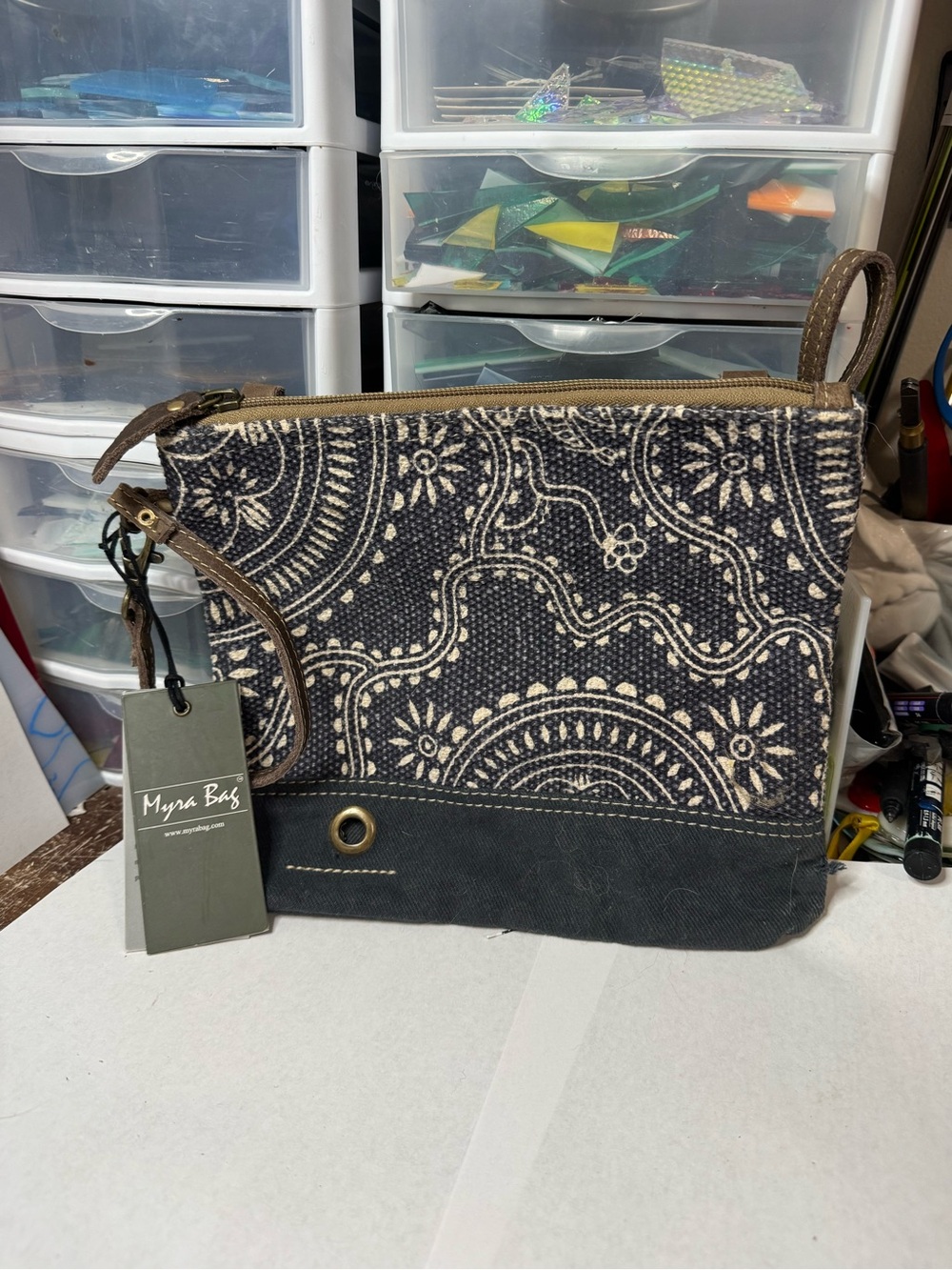 Myra Bag Black & Cream Patterned Wristlet Clutch